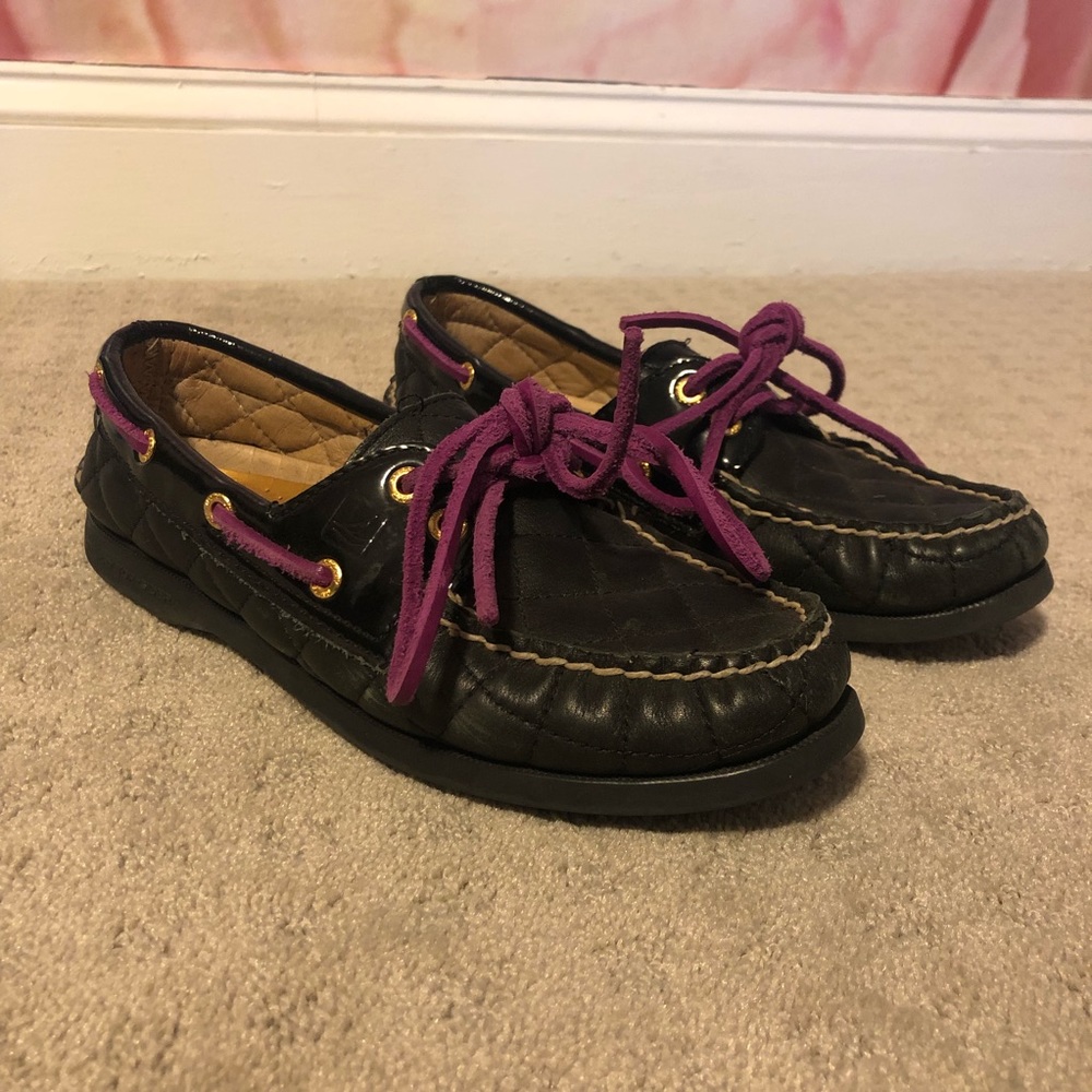 Black Quilted Sperrys with custom purple laces.
